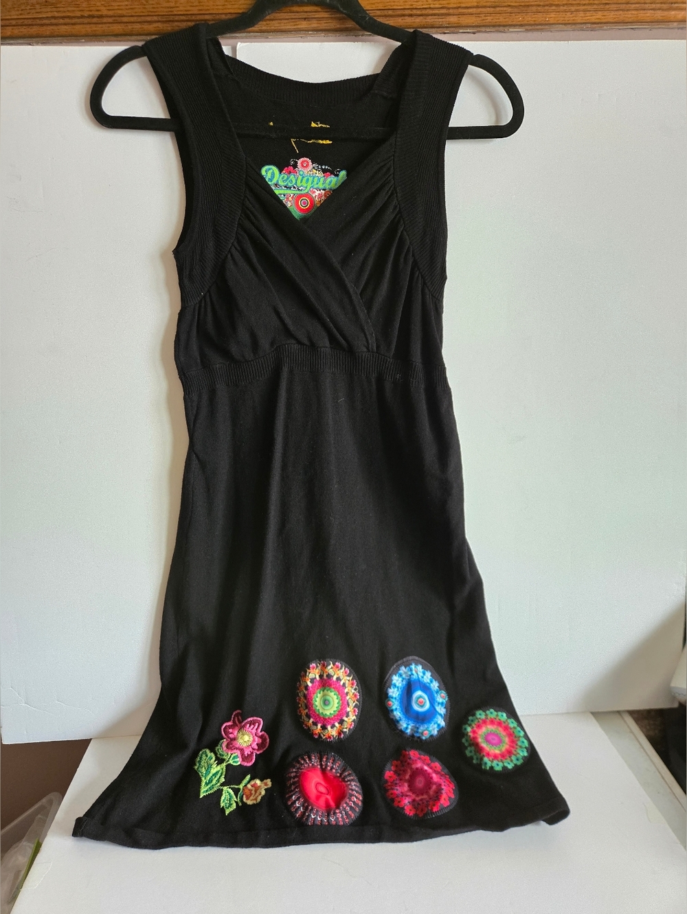 Desigual Black Sleeveless Knit Mini Dress with Multicolor Floral Embroidery